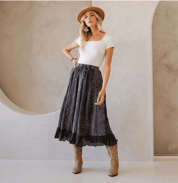 3832- Women Patchwork Embroidered Maxi Skirt With Side Pockets: CHARCOAL TRIM