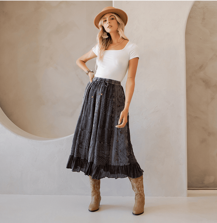Women Patchwork Embroidered Maxi Skirt With Side Pockets: Charcoal Trim by Young Threads