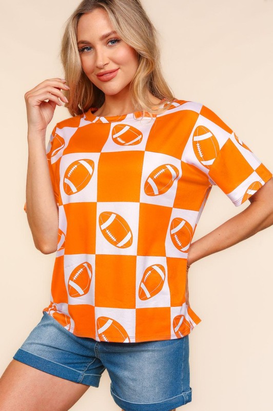 2645- Orange & White Checker Print Football Short Sleeve Top *TN COLLECTION*