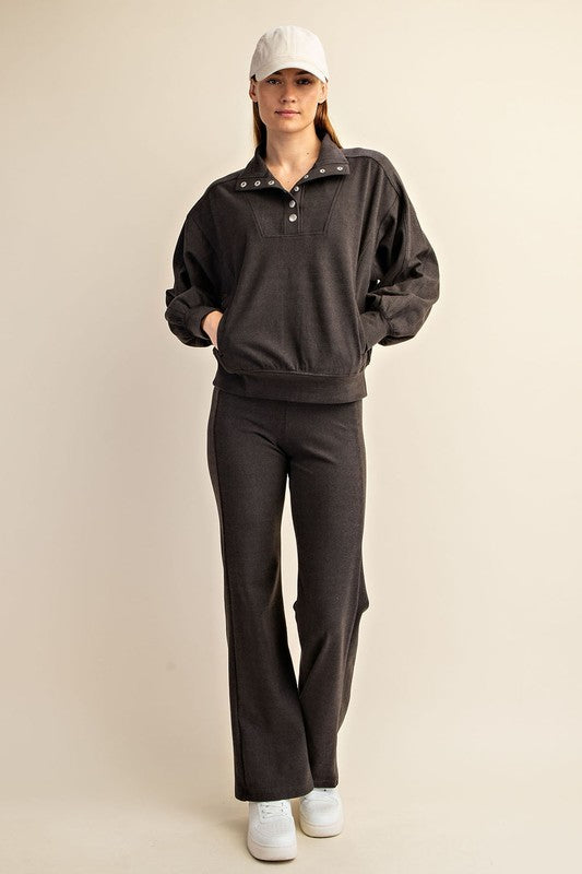 3483- Black Ribbed Brushed Quarter Zip Top