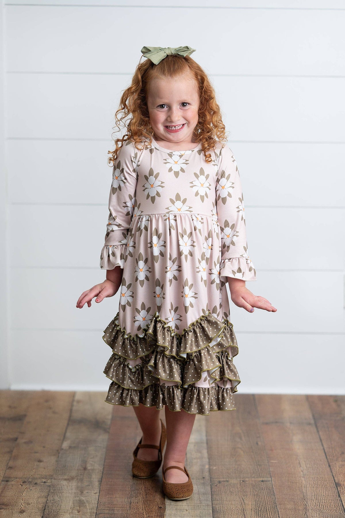 Girls Sage Dot & White Flower Long Sleeve 3 Ruffle Dress