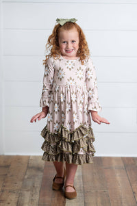 Girls Sage Dot & White Flower Long Sleeve 3 Ruffle Dress