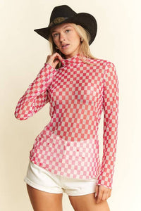 Orange Checkerboard Print Mesh Mock Top *TN COLLECTION*