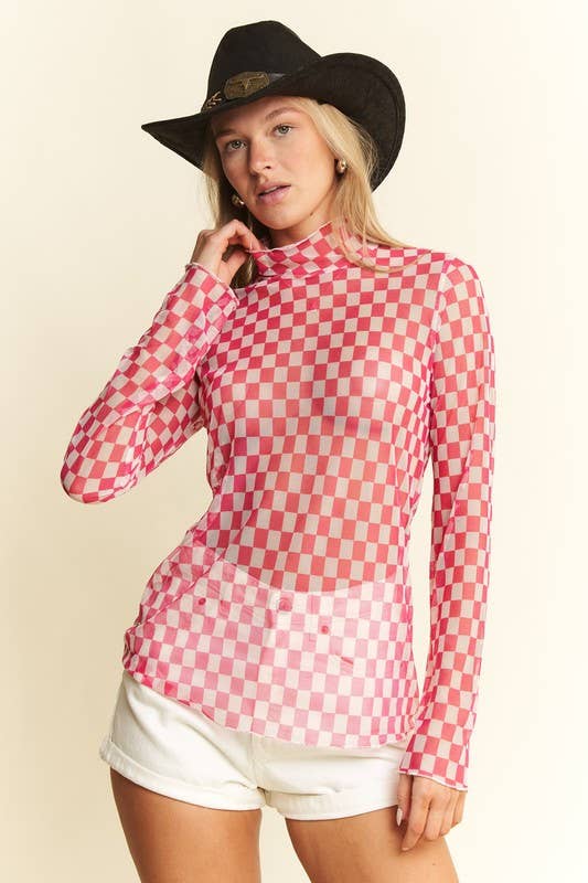 Orange Checkerboard Print Mesh Mock Top *TN COLLECTION*