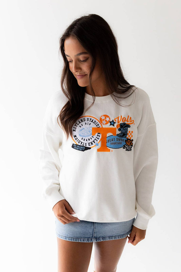 White Tennessee Layer Patch Lantern Sleeve Crew *TN COLLECTION*