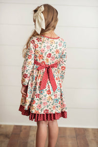 Kids Cream & Burgundy Floral Ruffle Button Pocket Fall Dress *KIDS*