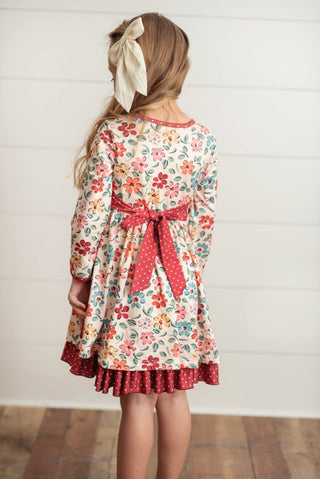 Kids Cream & Burgundy Floral Ruffle Button Pocket Fall Dress *KIDS*