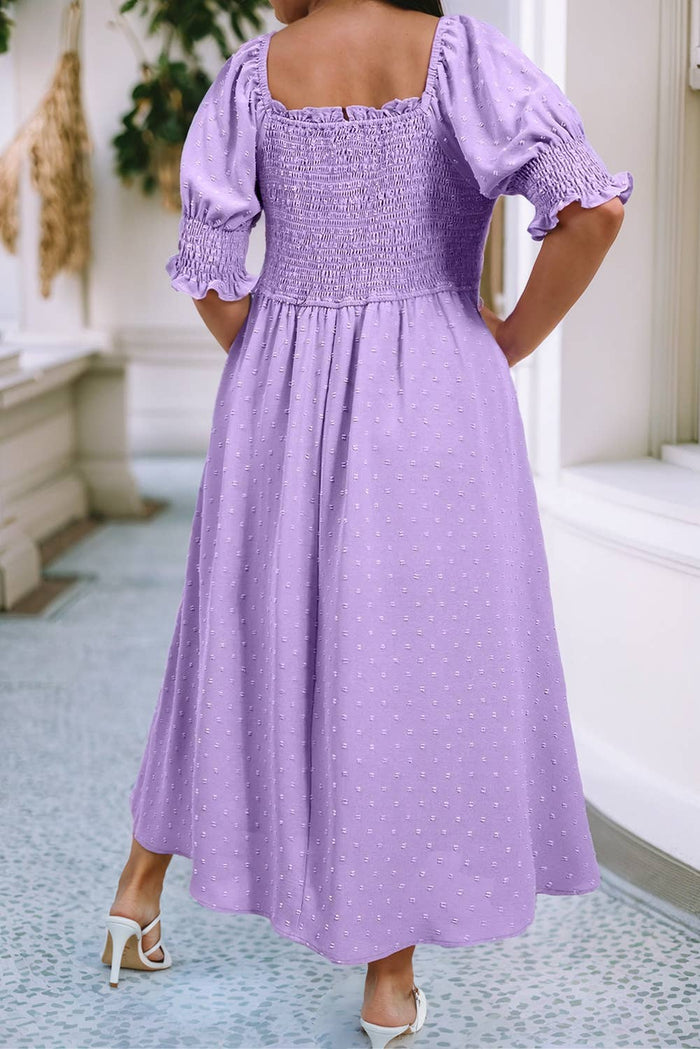 Lavender  Swiss Dot Smocked Frilled Neckline Plus Size Dress