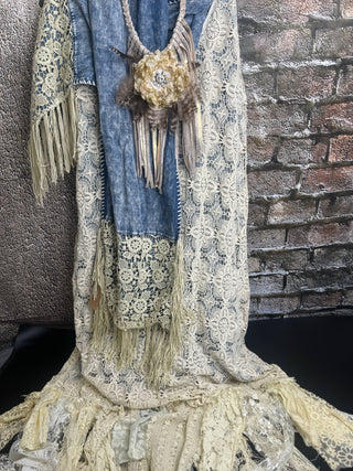Soft Leather Fringe Flower Necklace: Denim blue