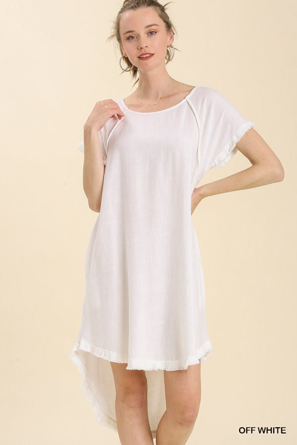 8906- Off White Linen High Low Dress w/ Pockets [UMGEE]