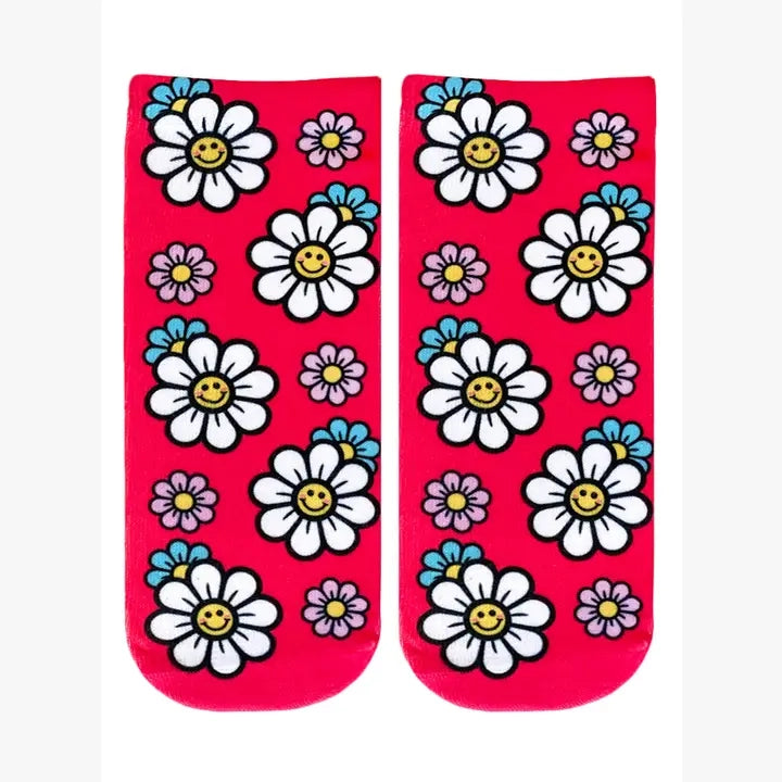 Novelty Graphic Ankle Socks - Smiling Daisies - Magenta