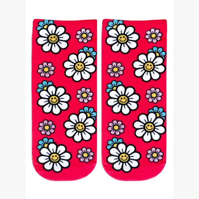 Novelty Graphic Ankle Socks - Smiling Daisies - Magenta