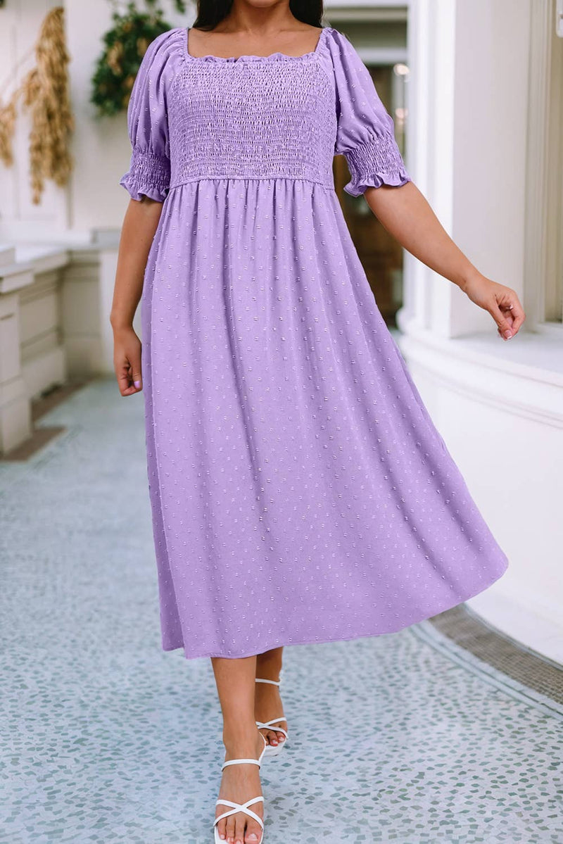 Lavender  Swiss Dot Smocked Frilled Neckline Plus Size Dress