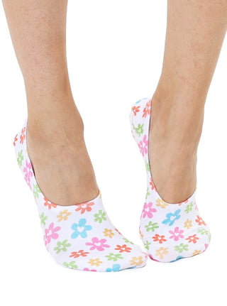 No-Show Liner Socks - Multi-Colored Flowers W/Hearts - White