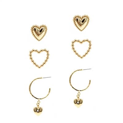 Gold Set of 3 Heart Stud and Hoop Earrings