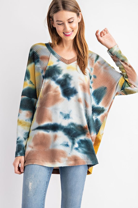 10210- Green, Teal, & Mustard Tie Dye Long Sleeve Top