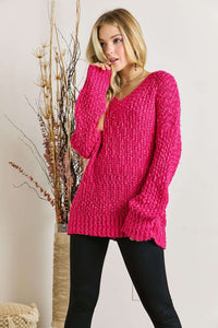 20511- Hot Pink Textured V-Neck Sweater