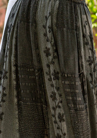 3832- Women Patchwork Embroidered Maxi Skirt With Side Pockets: CHARCOAL TRIM