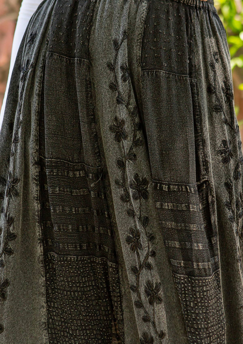 3832- Women Patchwork Embroidered Maxi Skirt With Side Pockets: CHARCOAL TRIM