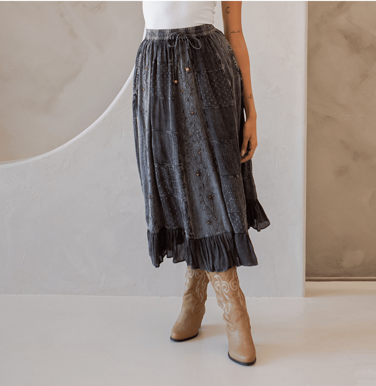 3832- Women Patchwork Embroidered Maxi Skirt With Side Pockets: CHARCOAL TRIM