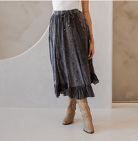 3832- Women Patchwork Embroidered Maxi Skirt With Side Pockets: CHARCOAL TRIM