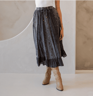 3832- Women Patchwork Embroidered Maxi Skirt With Side Pockets: CHARCOAL TRIM