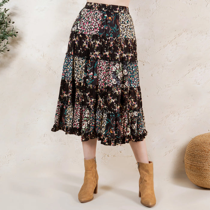 Floral Boho Western Tiered Patchwork Skirt by Young Threads