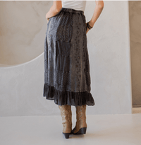 3832- Women Patchwork Embroidered Maxi Skirt With Side Pockets: CHARCOAL TRIM