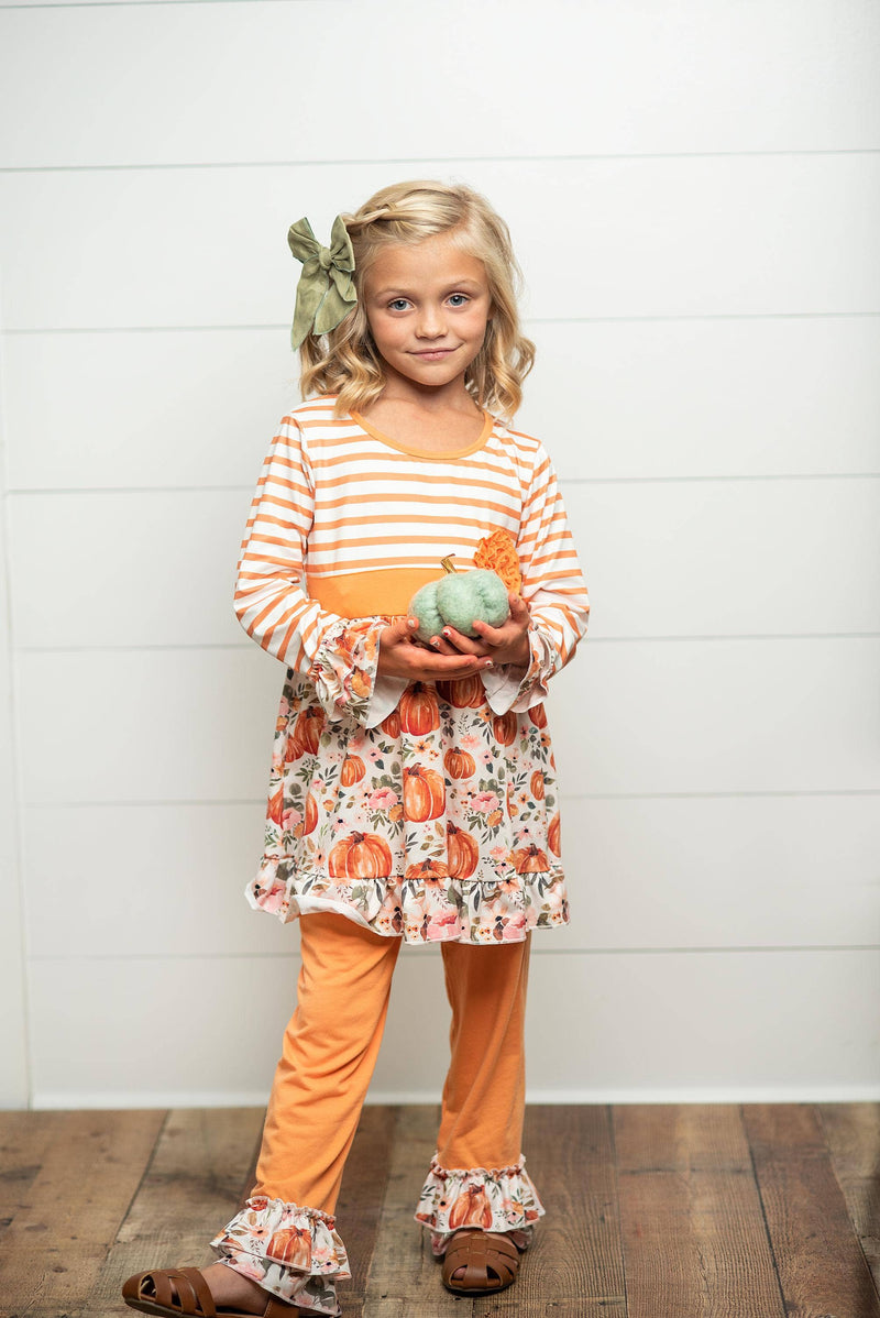 Kids Pumpkin Stripe Ruffle Rosette Two Piece Fall Pant Set *KIDS*