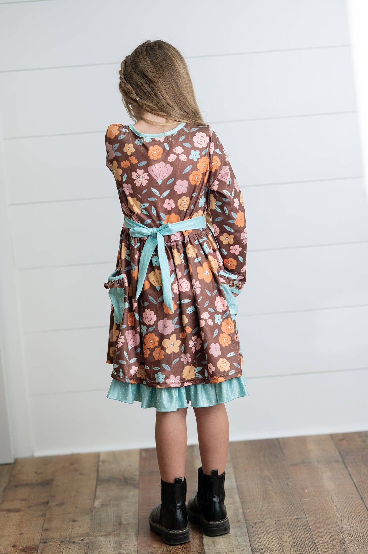 Girls Brown Floral Ruffle Pocket Tie Fall Dress *KIDS*