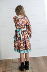 Girls Brown Floral Ruffle Pocket Tie Fall Dress *KIDS*