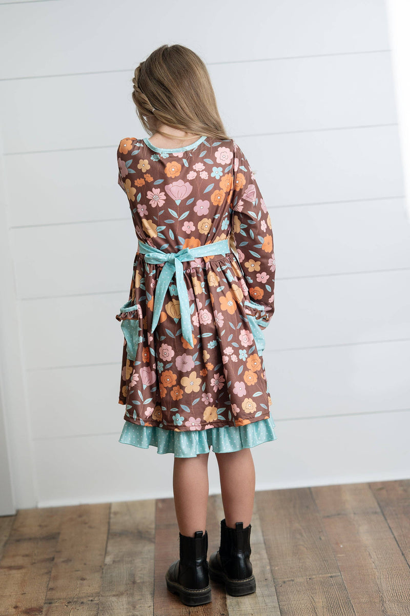 Girls Brown Floral Ruffle Pocket Tie Fall Dress *KIDS*