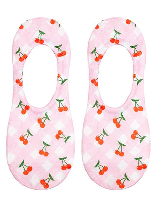 No-Show Liner Socks - Checkered Pattern w/ Cherries - Pink