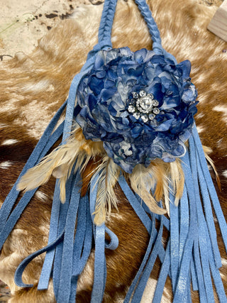 Soft Leather Fringe Flower Necklace: Denim blue