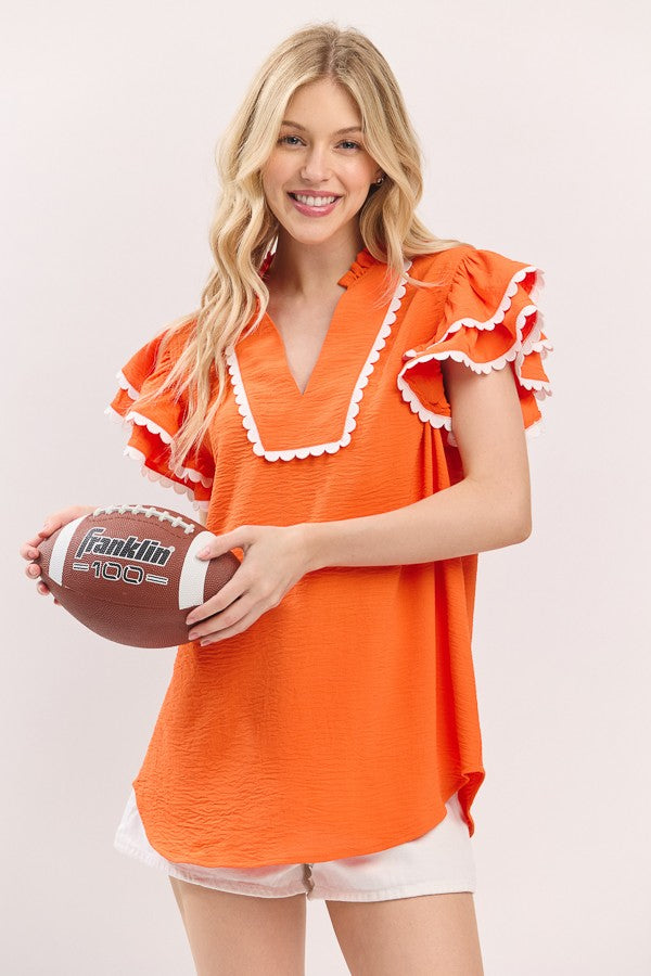 Orange Ruffle Sleeve Scallop Trim Top *TN COLLECTION*