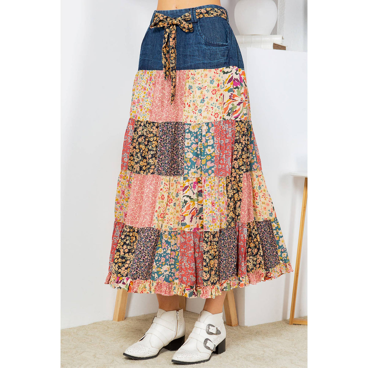 2565- Patchwork Serenade: Overdyed Long Skirt With Tiered Denim: Latte