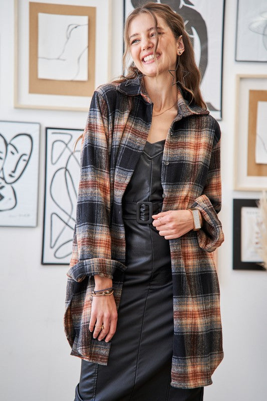 9845- Black & Rust Long Flannel Shacket