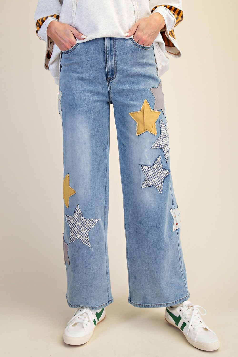 Gold Star Patch Washed Stretch Denim Pants by Easel