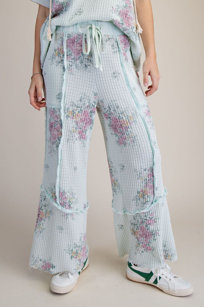 Mint Floral Print Washed Waffle Pants by Easel