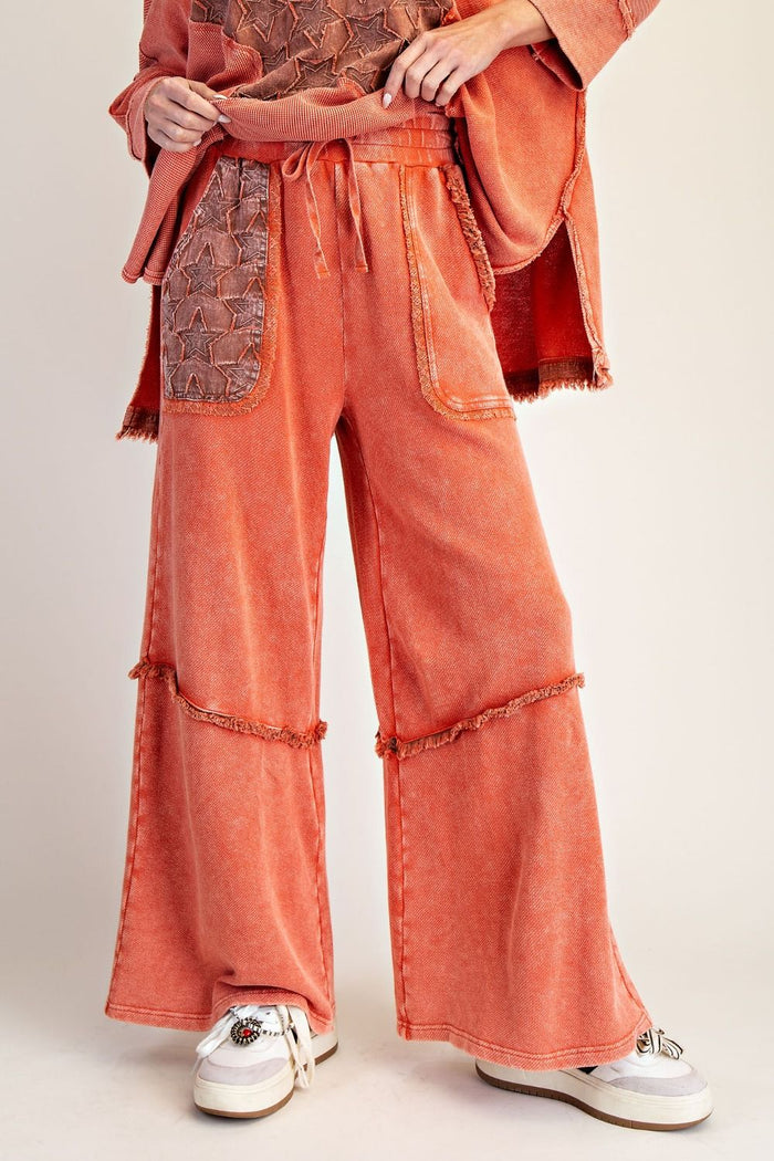 Burnt Orange Star Patch Mix Washed Terry Wide Leg Pants by Easel