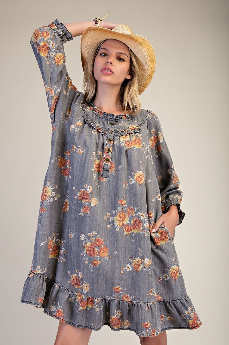 Denim Floral Printed Washed Chambray Ruffle Dress by Easel