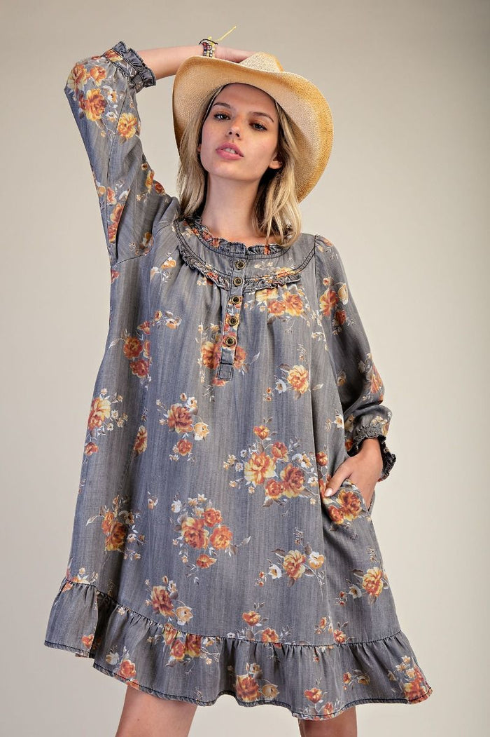 Denim Floral Printed Washed Chambray Ruffle Dress by Easel