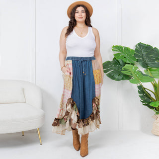 Western Boho Chic: Patchwork Midi Skirt : DENIM / PLUS (XL-1X-2X-3X 1-2-2-1)