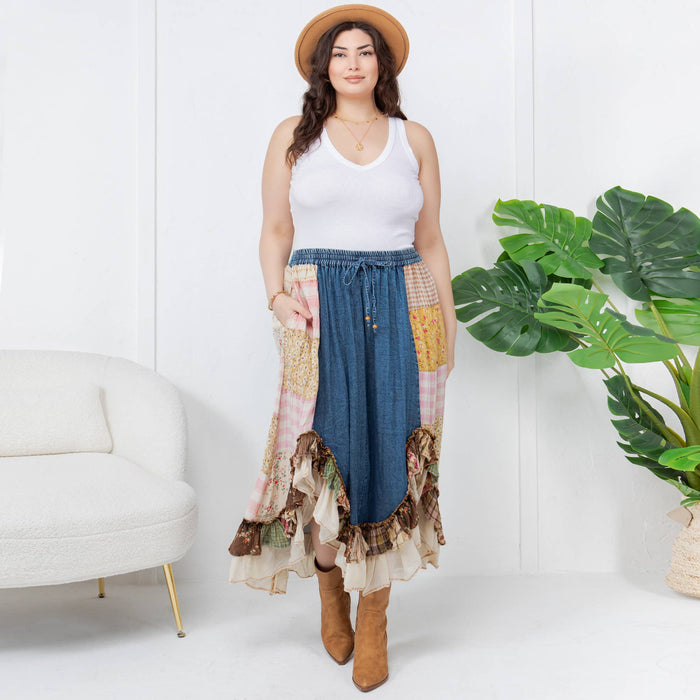Western Boho Chic: Patchwork Midi Skirt : DENIM / PLUS (XL-1X-2X-3X 1-2-2-1)