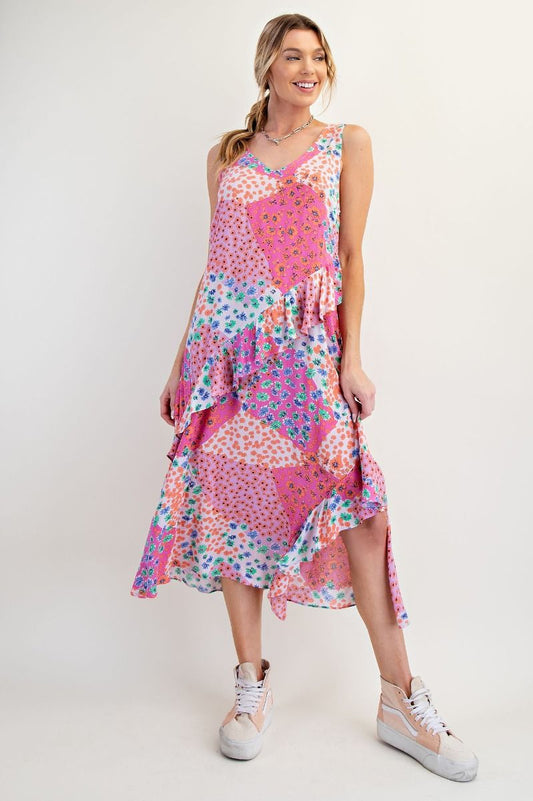 Lilac & Pink Patchwork Floral Midi Dress by Easel
