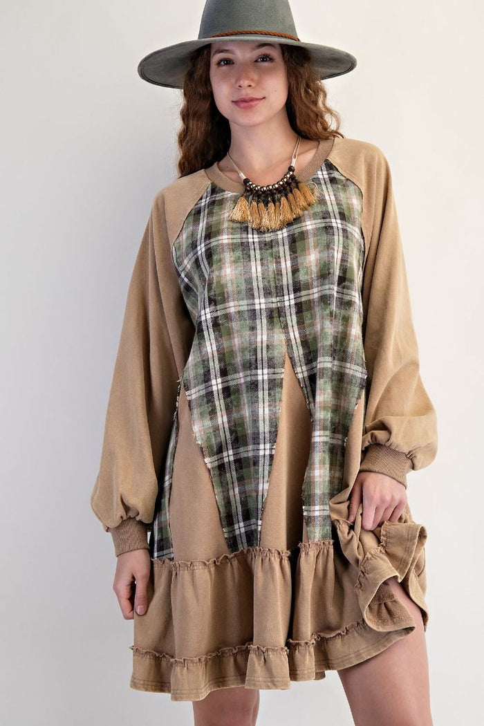 Taupe Plaid Mix Washed Terry Dress by Easel