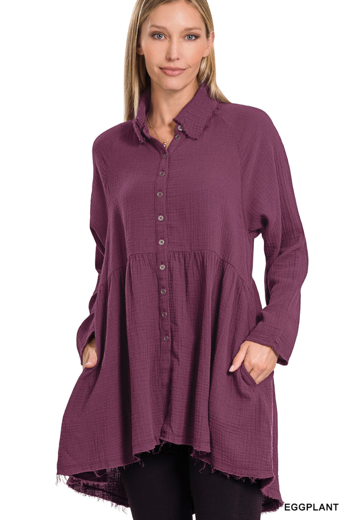 10106- Eggplant Gauze Button Down High Low Top