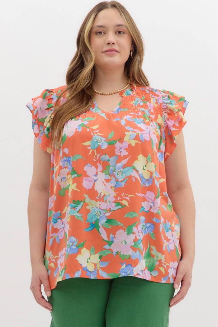 Orange Floral Print V-Neck Ruffle Sleeve Top by Entro