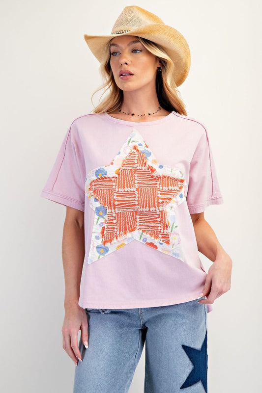 Cotton Pink Short Sleeve Star Patch Top by Easel