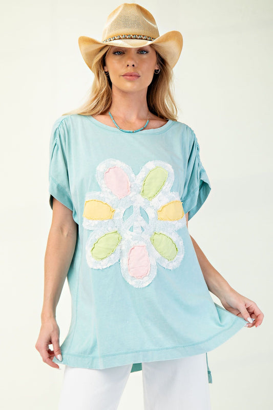 Sea Blue Flower Patch Short Sleeve Top by Easel